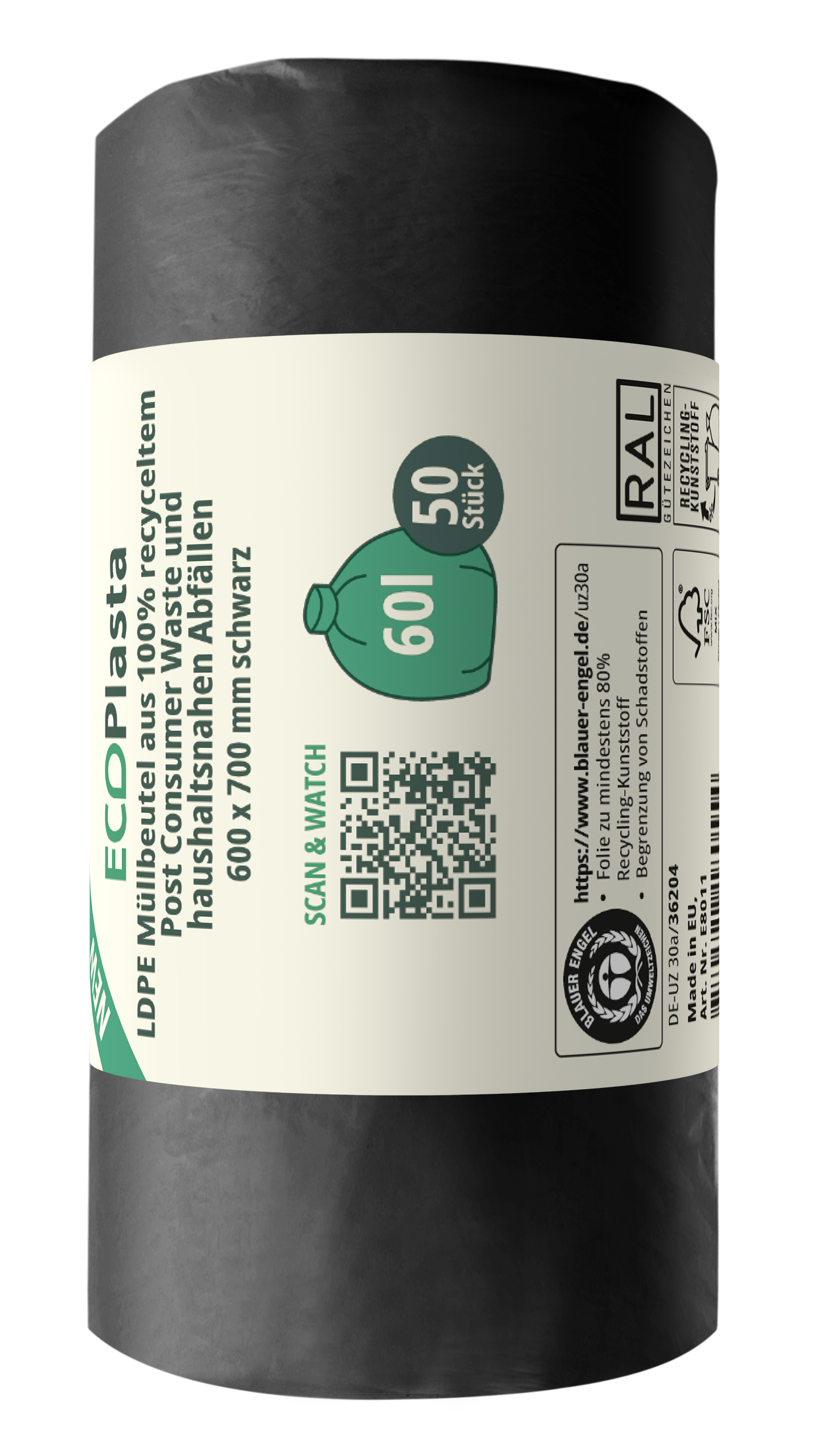 ECOPlasta Mülleutel LDPE 60l schwarz, 14my, 600 x 700 mm