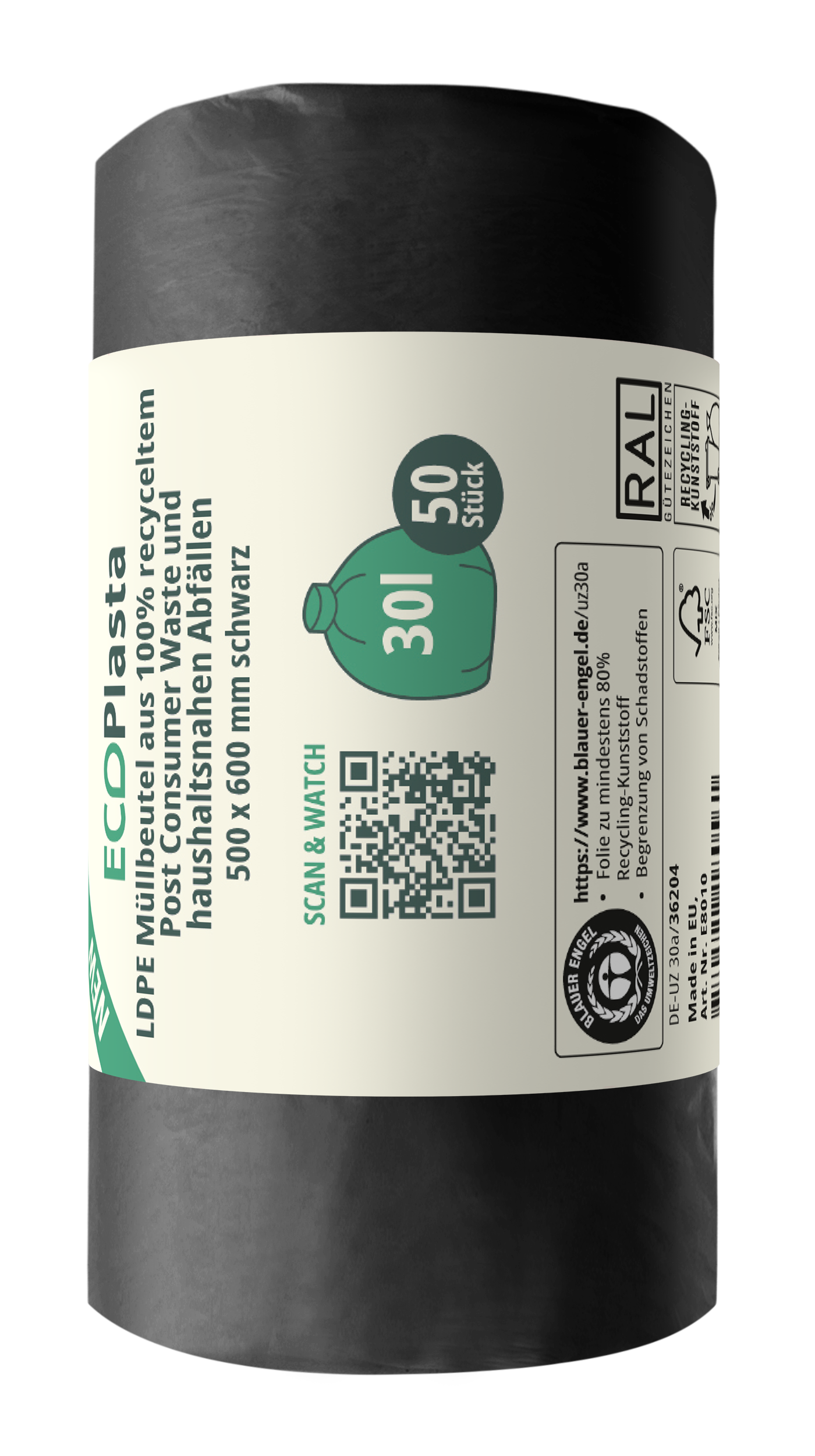 ECOPlasta Mülleutel LDPE 30l schwarz, 14my, 500 x 600 mm