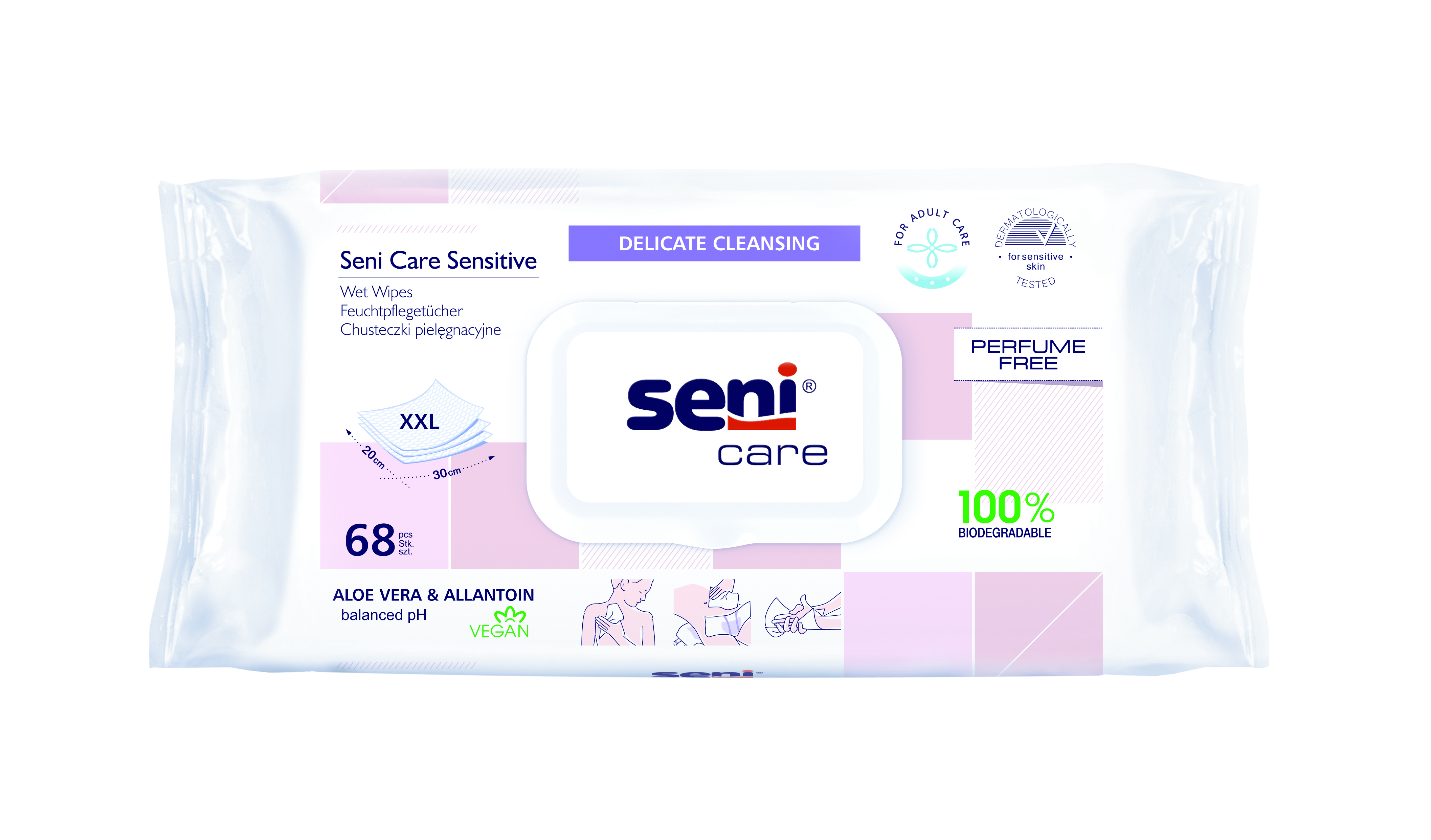 Seni Care Feuchtpflegetücher Sensitive 68 Stk. mit Plastikverschluss (8 Pkg pro Karton)